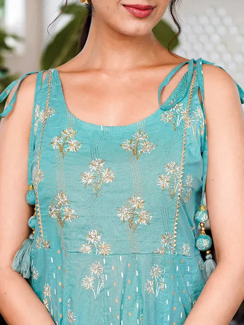 Sea Green Cotton Floral Print Anarkali Style Dress