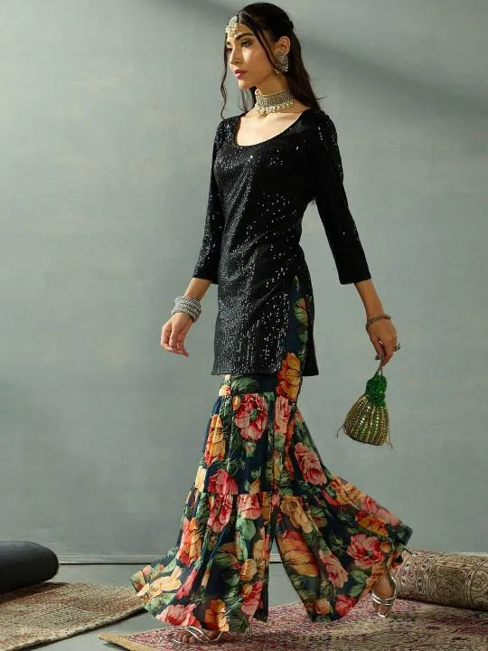 Sequin Embroidered Kurta With Floral Printed Flared Sharara Set