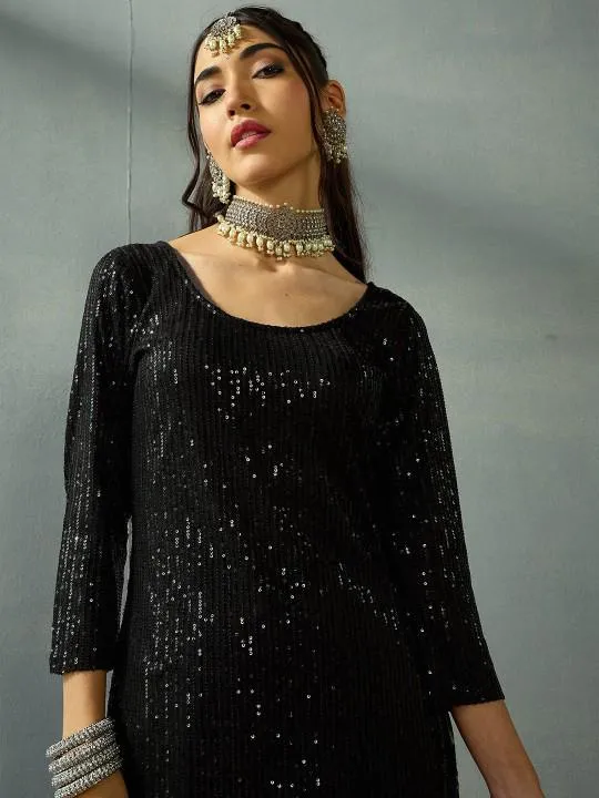 Sequin Embroidered Kurta With Floral Printed Flared Sharara Set