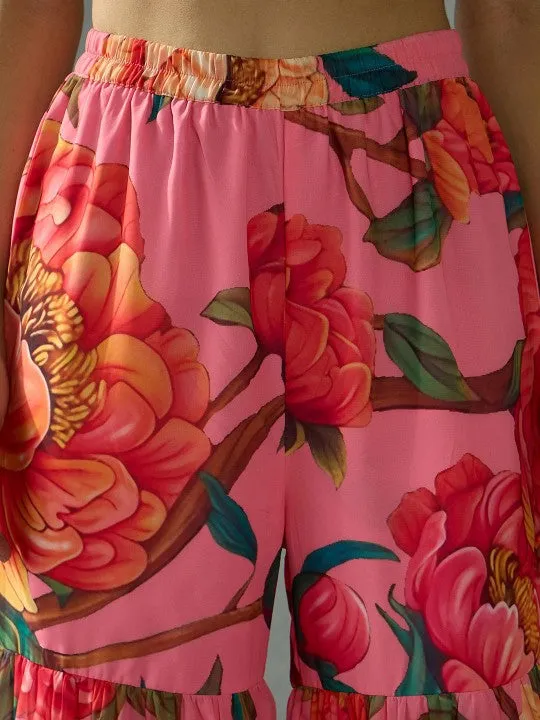Sequin Embroidered Kurta With Floral Printed Flared Sharara Set