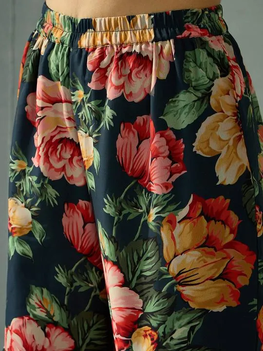 Sequin Embroidered Kurta With Floral Printed Flared Sharara Set
