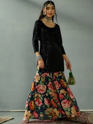 Sequin Embroidered Kurta With Floral Printed Flared Sharara Set