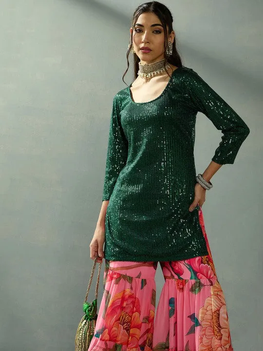 Sequin Embroidered Kurta With Floral Printed Flared Sharara Set