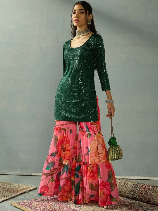 Sequin Embroidered Kurta With Floral Printed Flared Sharara Set