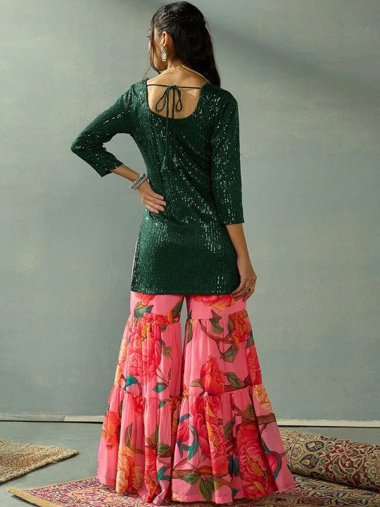 Sequin Embroidered Kurta With Floral Printed Flared Sharara Set