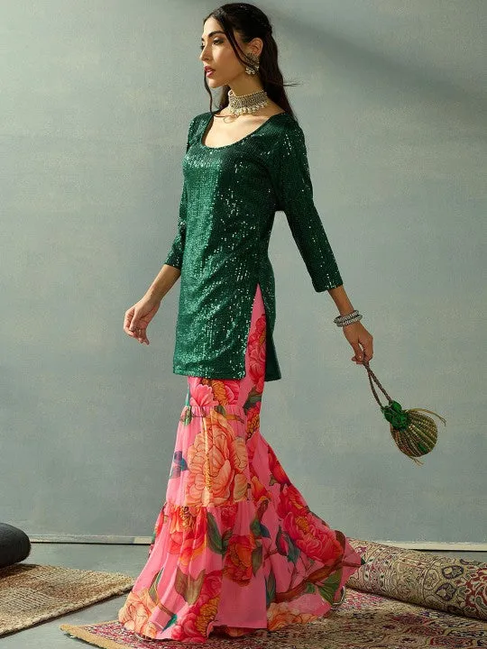Sequin Embroidered Kurta With Floral Printed Flared Sharara Set