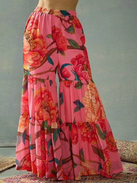Sequin Embroidered Kurta With Floral Printed Flared Sharara Set