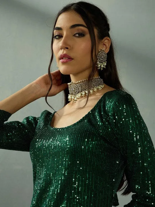 Sequin Embroidered Kurta With Floral Printed Flared Sharara Set