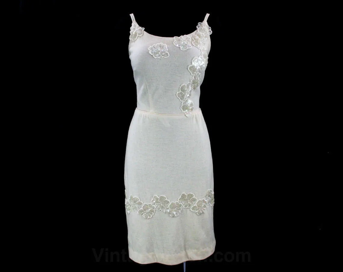 Size 10 White Dress - Glam 50s Vanilla Jersey Knit - Sequin Flowers - Curvy 1950s Bombshell Style Strappy Cocktail Dress - Bust 36 - 42294