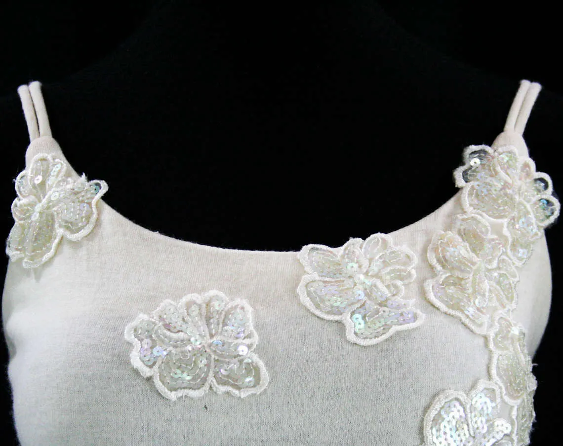 Size 10 White Dress - Glam 50s Vanilla Jersey Knit - Sequin Flowers - Curvy 1950s Bombshell Style Strappy Cocktail Dress - Bust 36 - 42294