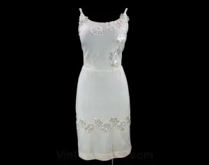 Size 10 White Dress - Glam 50s Vanilla Jersey Knit - Sequin Flowers - Curvy 1950s Bombshell Style Strappy Cocktail Dress - Bust 36 - 42294