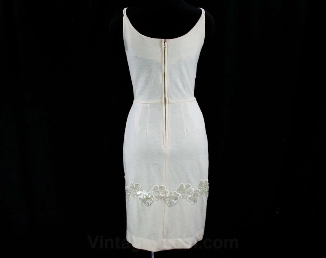 Size 10 White Dress - Glam 50s Vanilla Jersey Knit - Sequin Flowers - Curvy 1950s Bombshell Style Strappy Cocktail Dress - Bust 36 - 42294