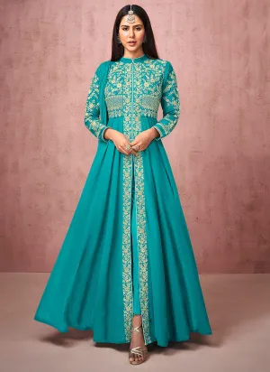 Sky Blue Embroidered Slit Style Anarkali Pant Suit