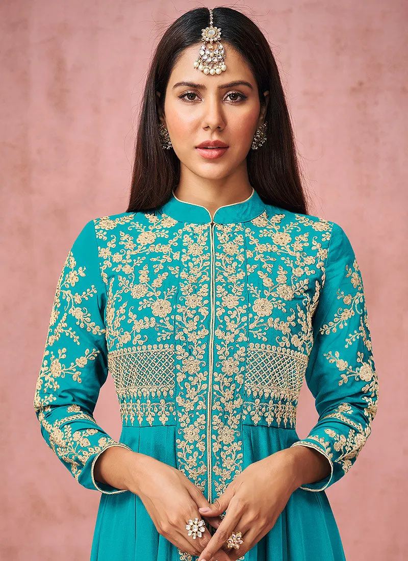 Sky Blue Embroidered Slit Style Anarkali Pant Suit