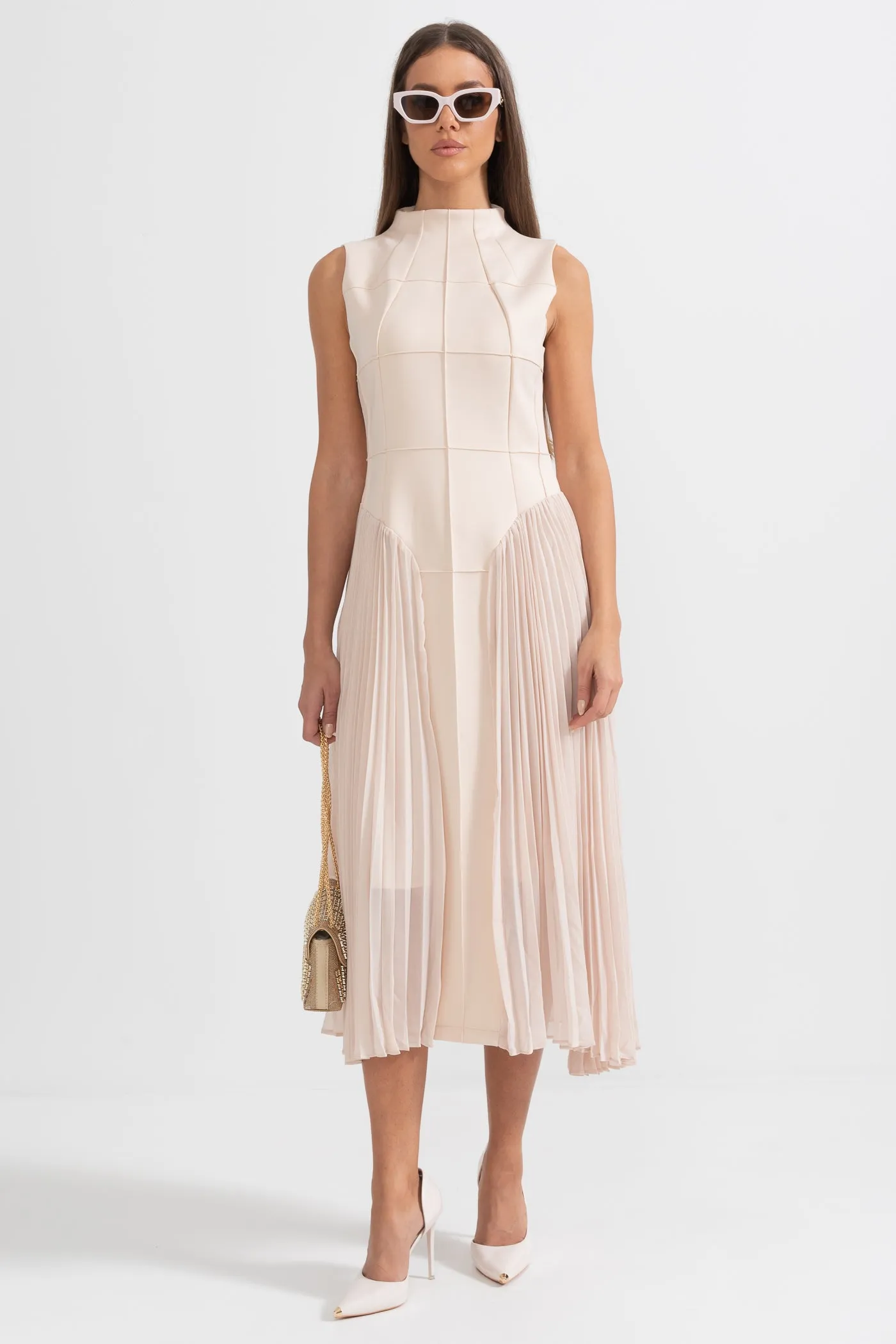 Sleeveless Knit Midi Dress with Plies - Nude