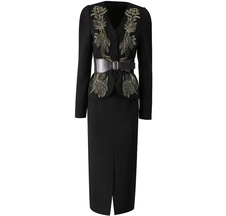 Slim-Fit Hip Wrap Embroidery Dress