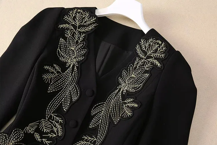 Slim-Fit Hip Wrap Embroidery Dress
