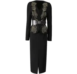 Slim-Fit Hip Wrap Embroidery Dress