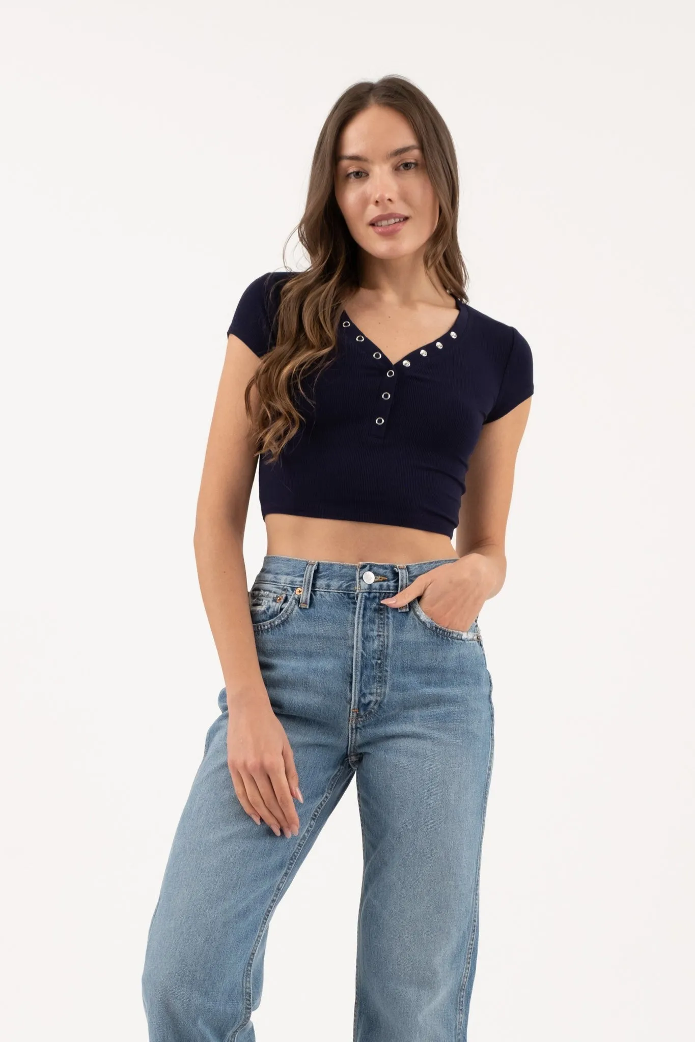 Snap Button Henley Crop Shirt