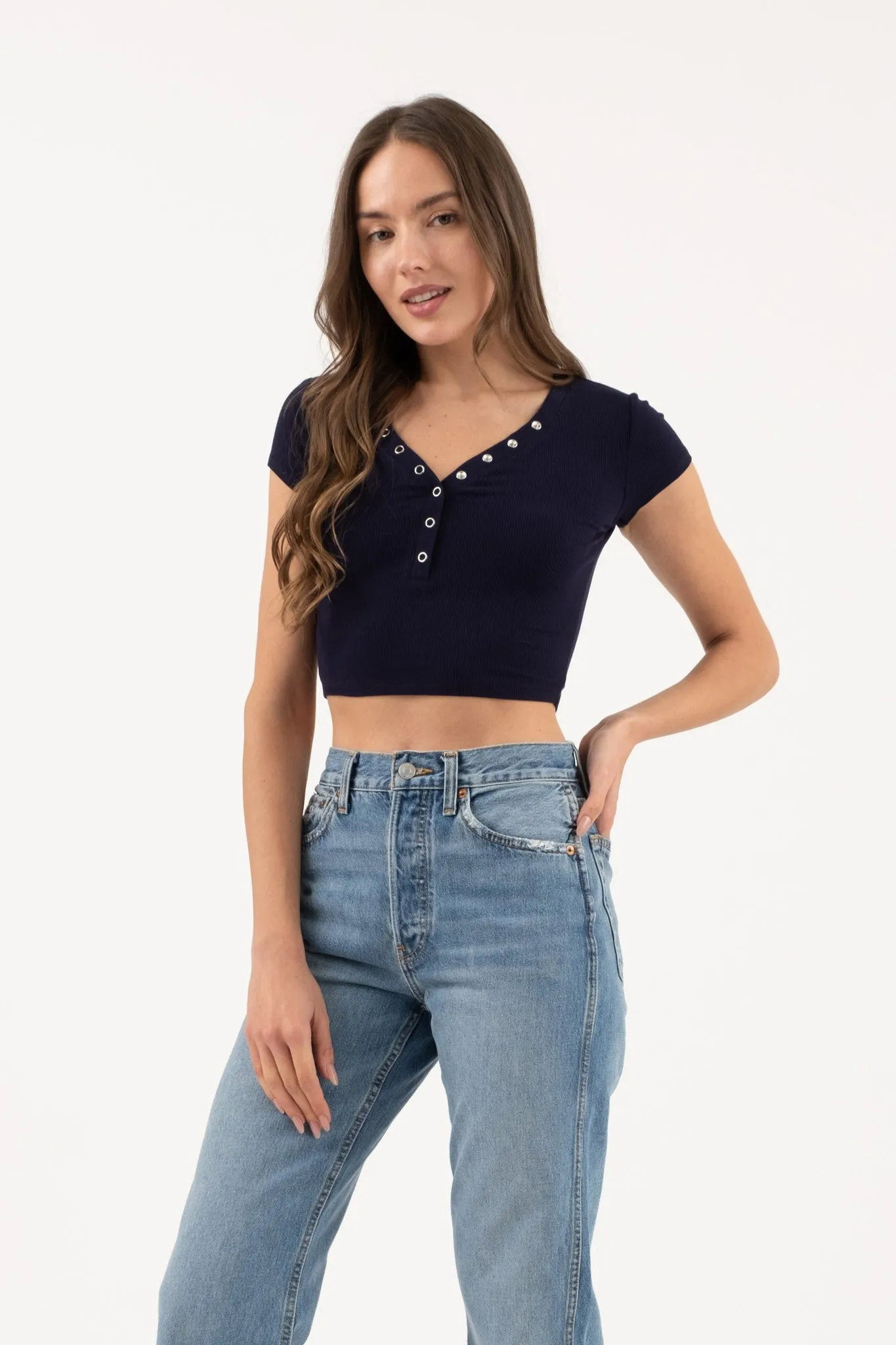 Snap Button Henley Crop Shirt