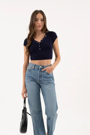Snap Button Henley Crop Shirt