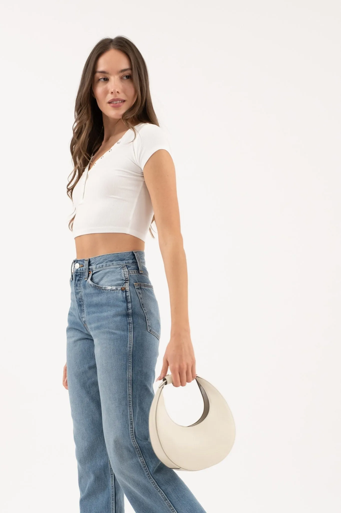 Snap Button Henley Crop Shirt