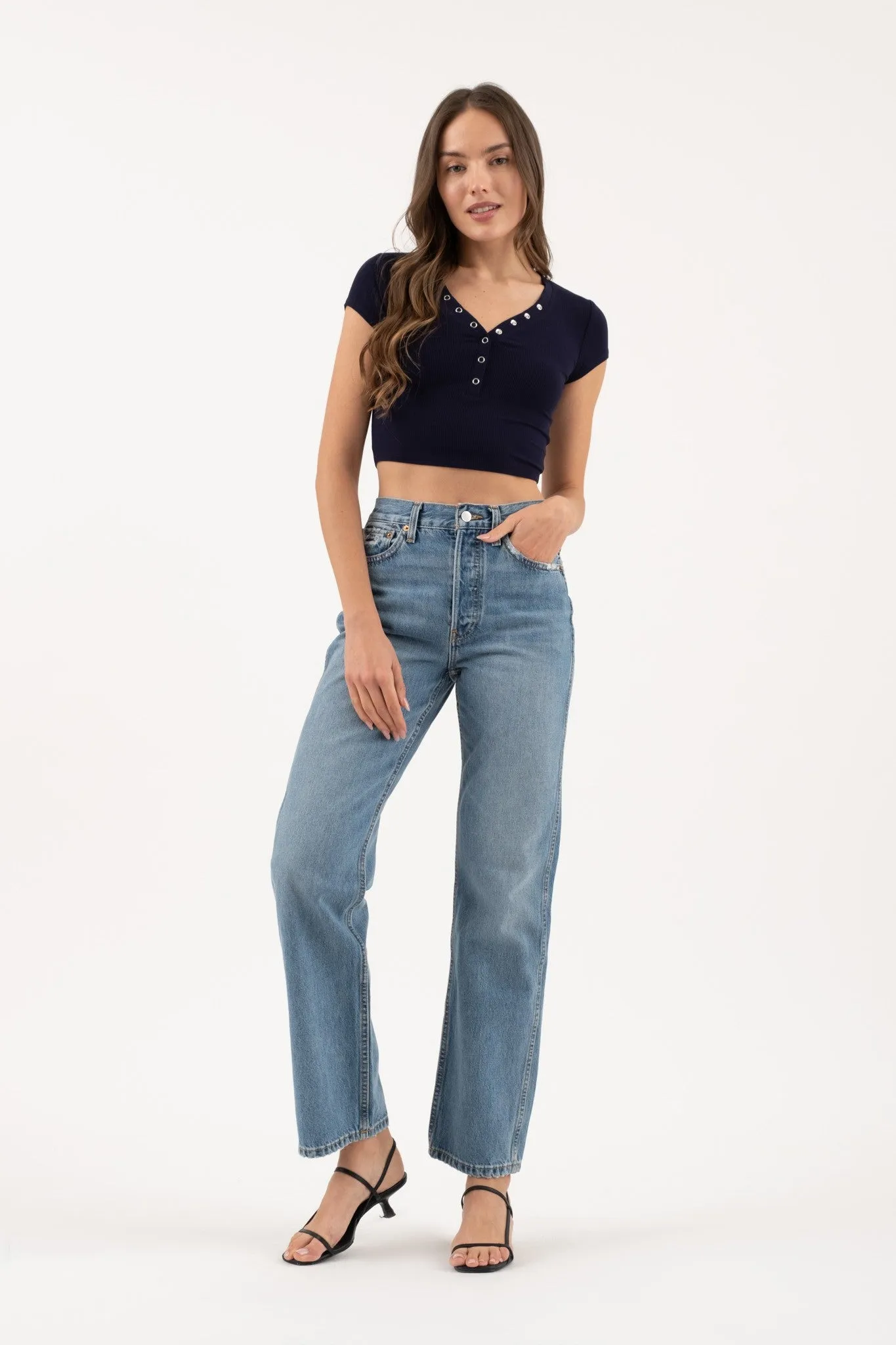Snap Button Henley Crop Shirt