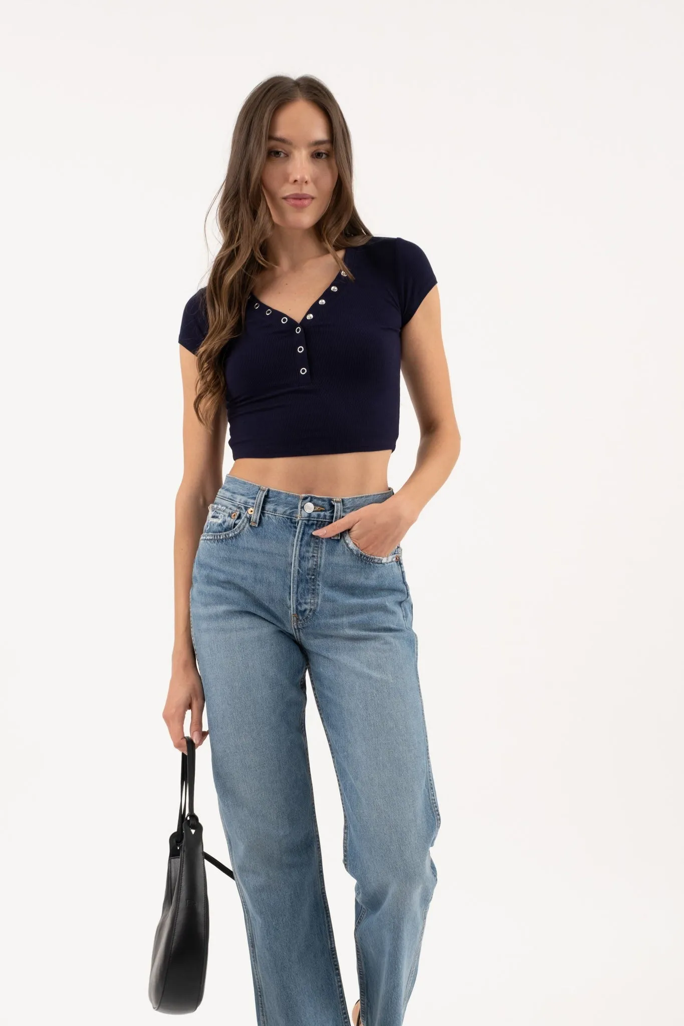 Snap Button Henley Crop Shirt