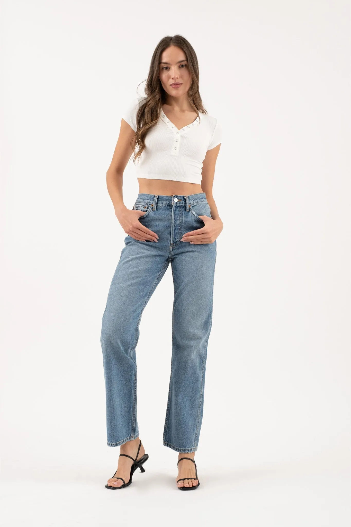 Snap Button Henley Crop Shirt