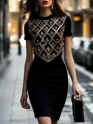 Stylish Golden Embroidery Plaid Bodycon Dress