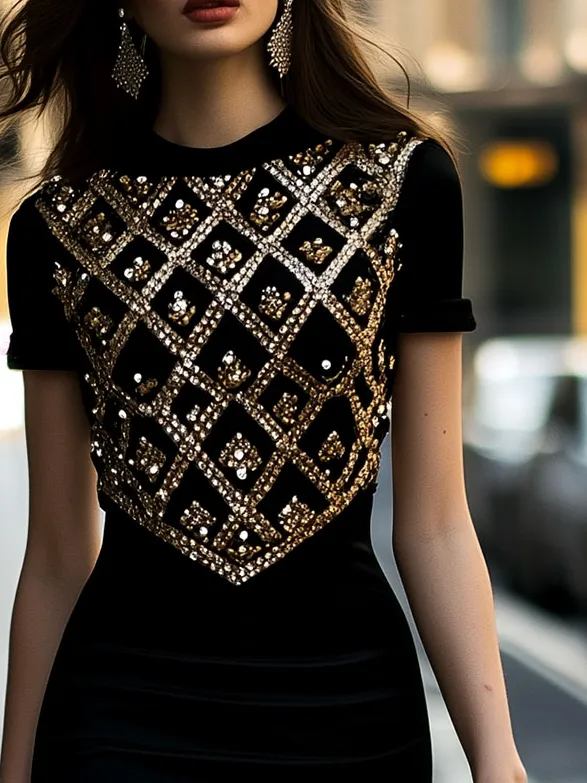 Stylish Golden Embroidery Plaid Bodycon Dress