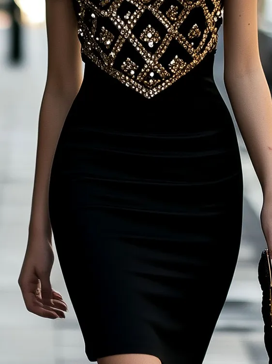 Stylish Golden Embroidery Plaid Bodycon Dress