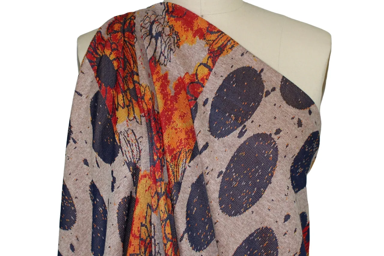 Sunflowers and Showers Ponte Knit - Oranges/Blues/Tan