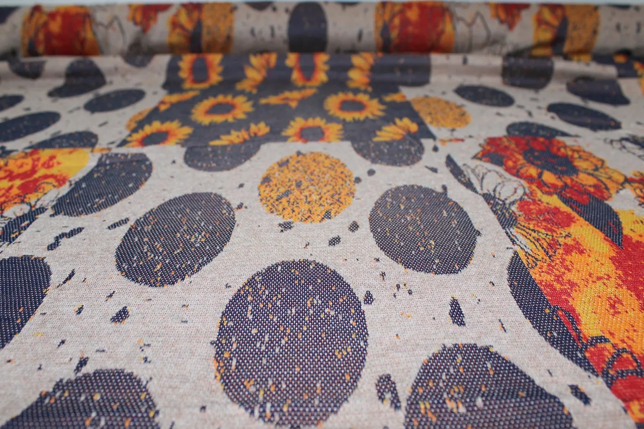 Sunflowers and Showers Ponte Knit - Oranges/Blues/Tan