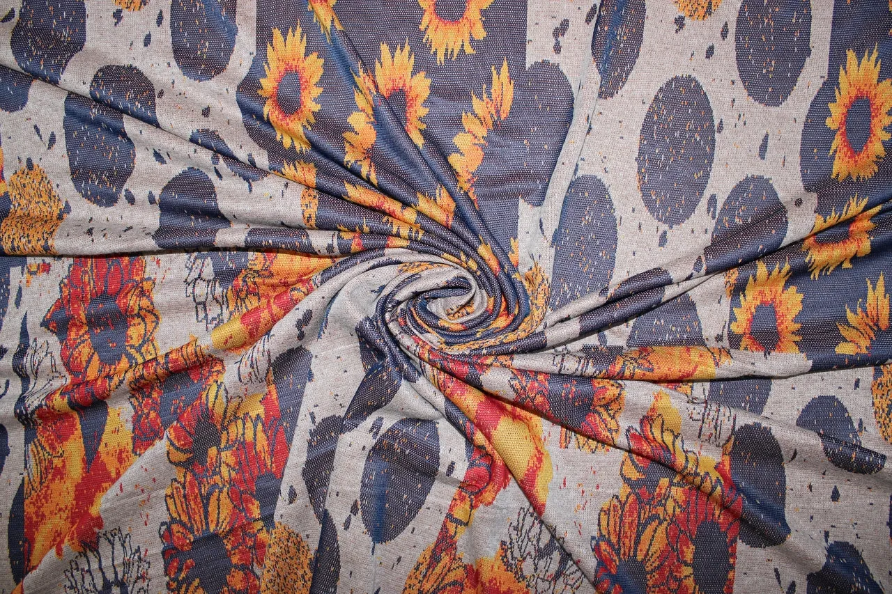 Sunflowers and Showers Ponte Knit - Oranges/Blues/Tan