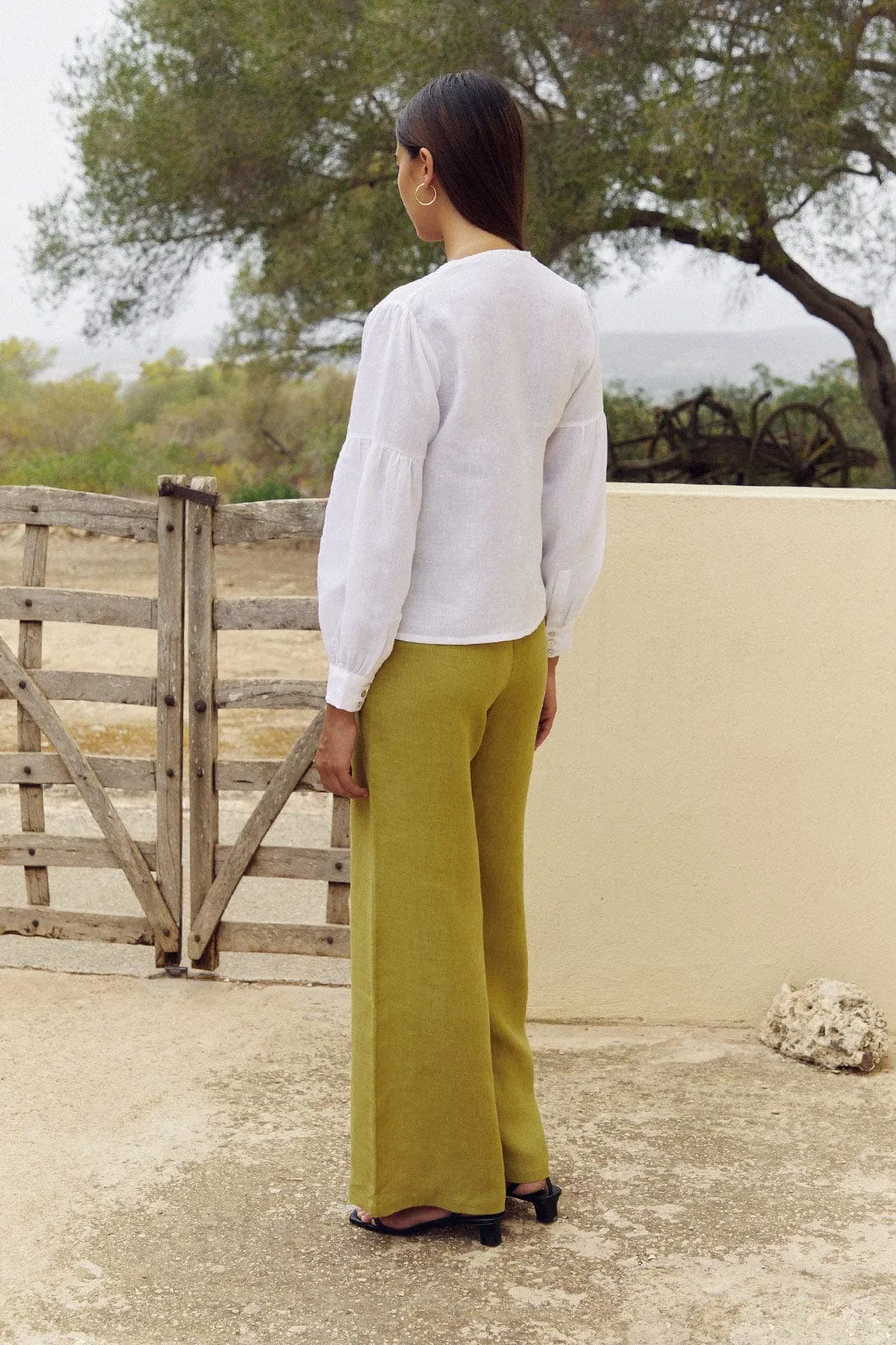 The Clara Flared Linen Trousers in willow green - Sample