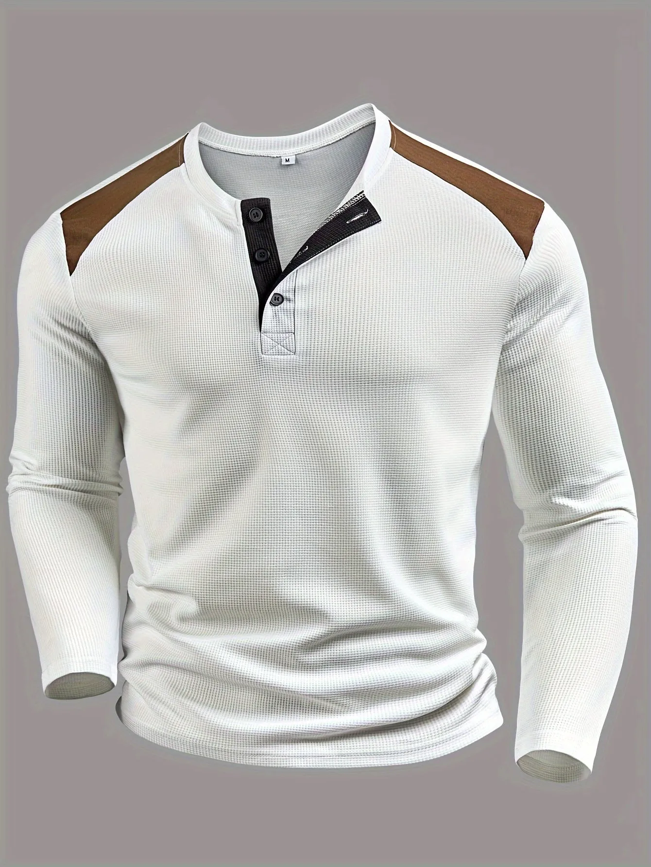 Truimen - Heren Casual Wafelgebreide Lange Mouw Henley Shirt met Knoopsluiting