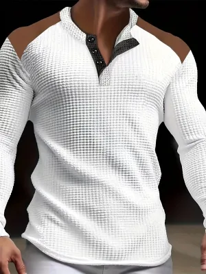 Truimen - Heren Casual Wafelgebreide Lange Mouw Henley Shirt met Knoopsluiting