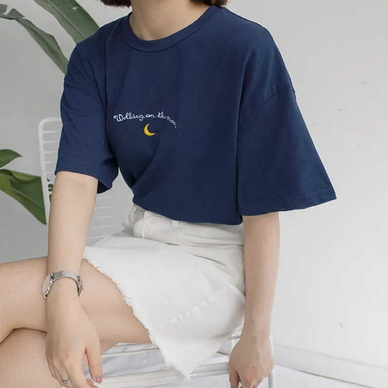 Walking On The Moon Embroidered Tee