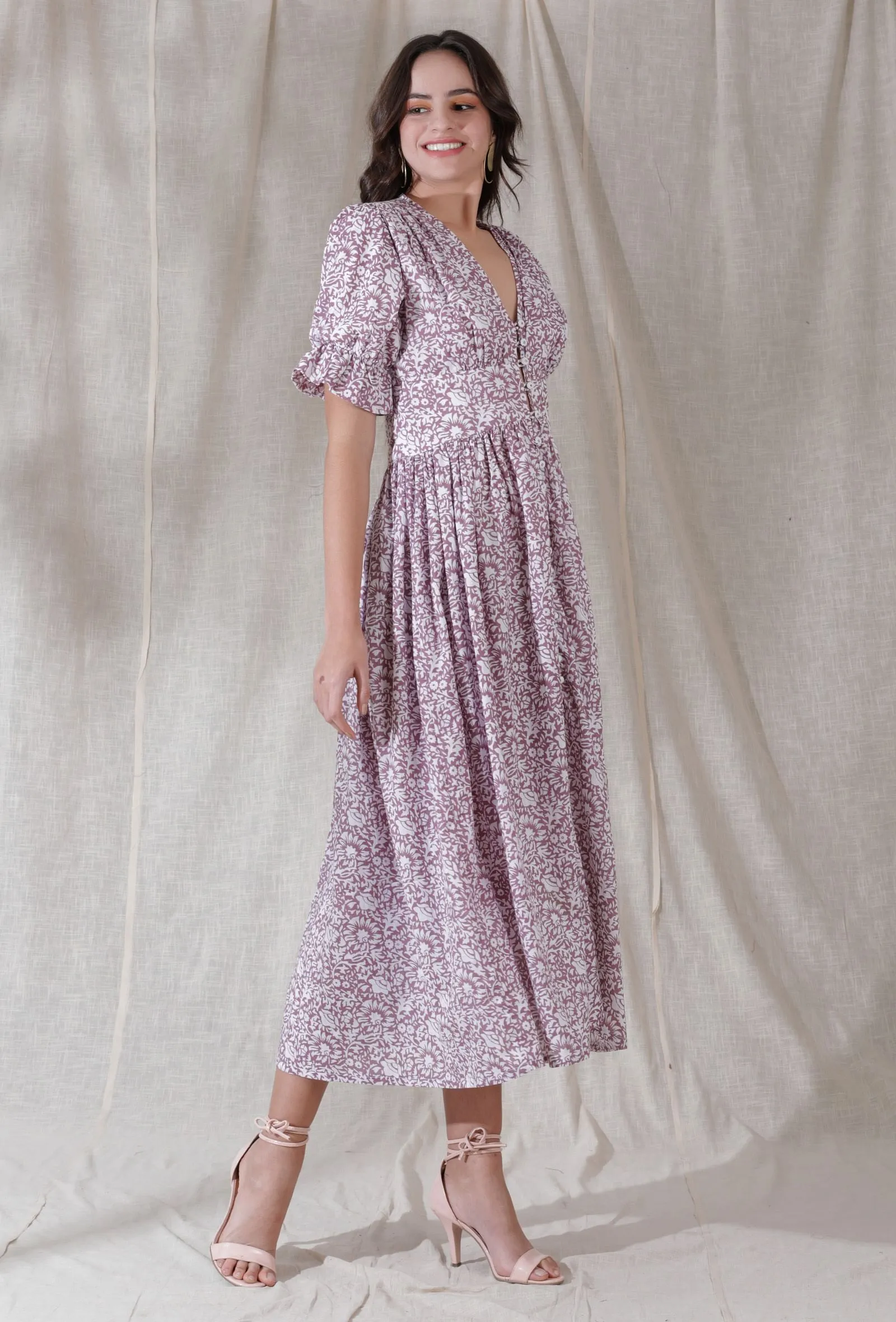 White color cotton blockprinted flared dress
