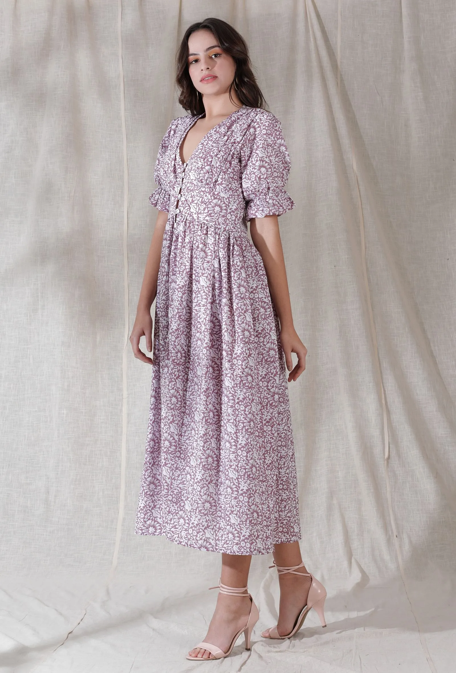 White color cotton blockprinted flared dress