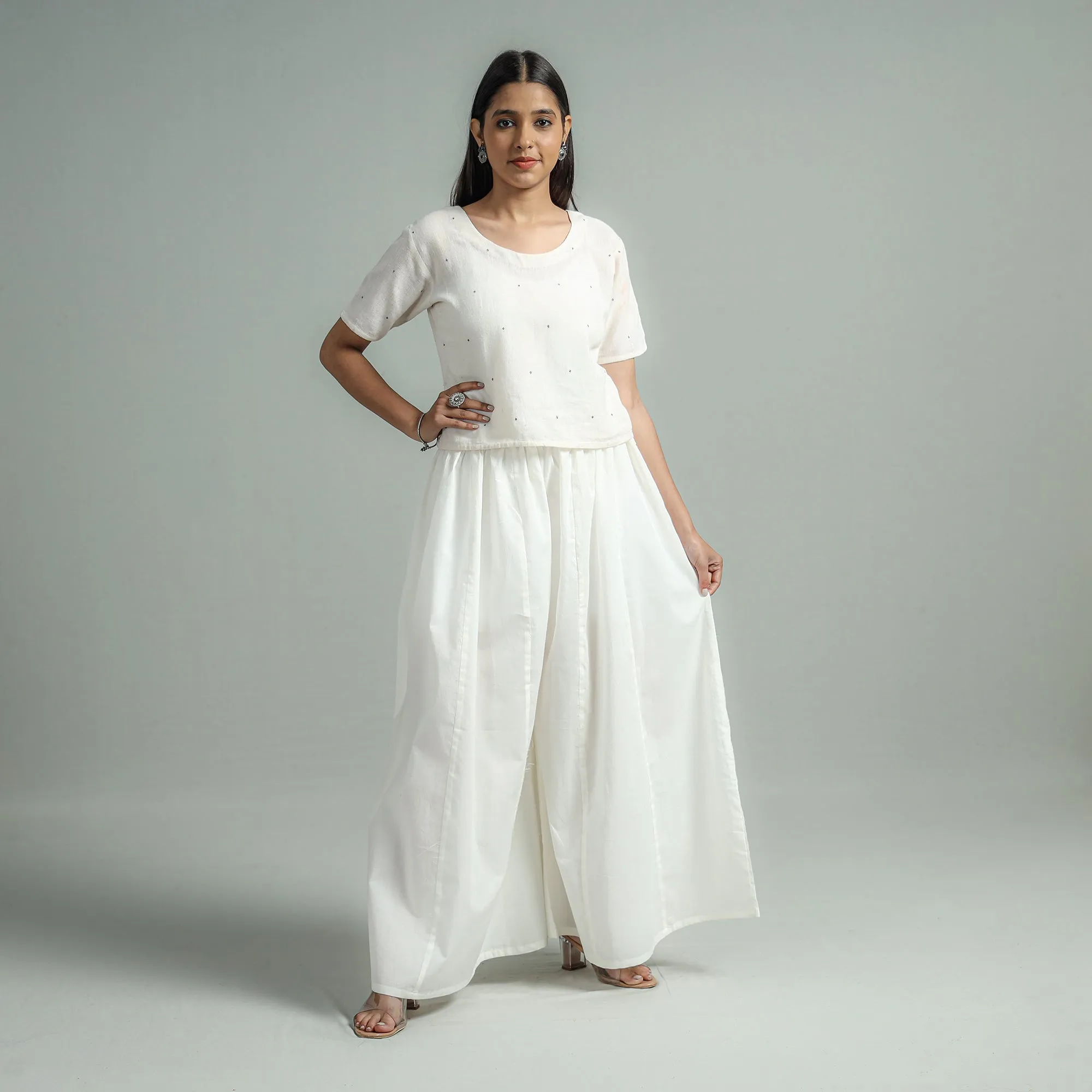 White - Plain Dyed Cotton Flared Palazzo