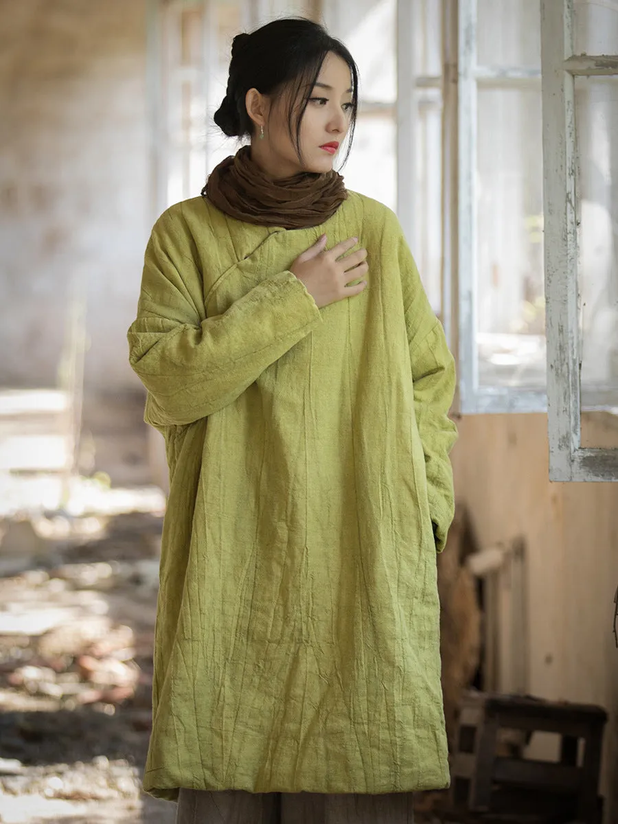 Women Ethnic Winter Solid Ramie Padded Coat