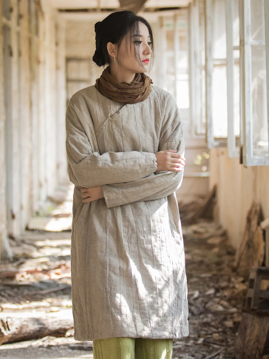 Women Ethnic Winter Solid Ramie Padded Coat