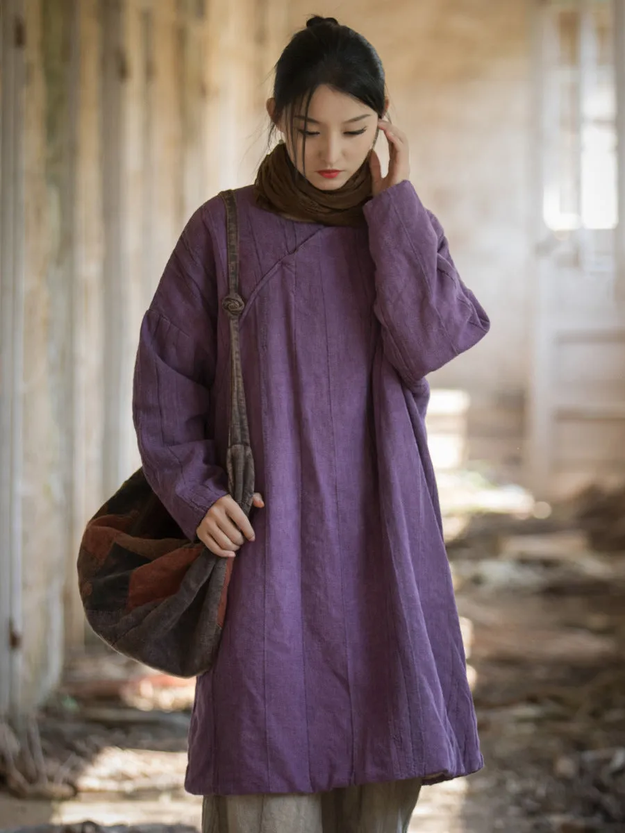 Women Ethnic Winter Solid Ramie Padded Coat