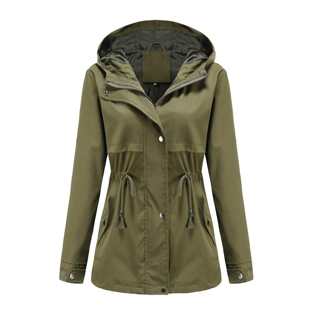 Women hoodie waist laces outdoor trench coat with pockets