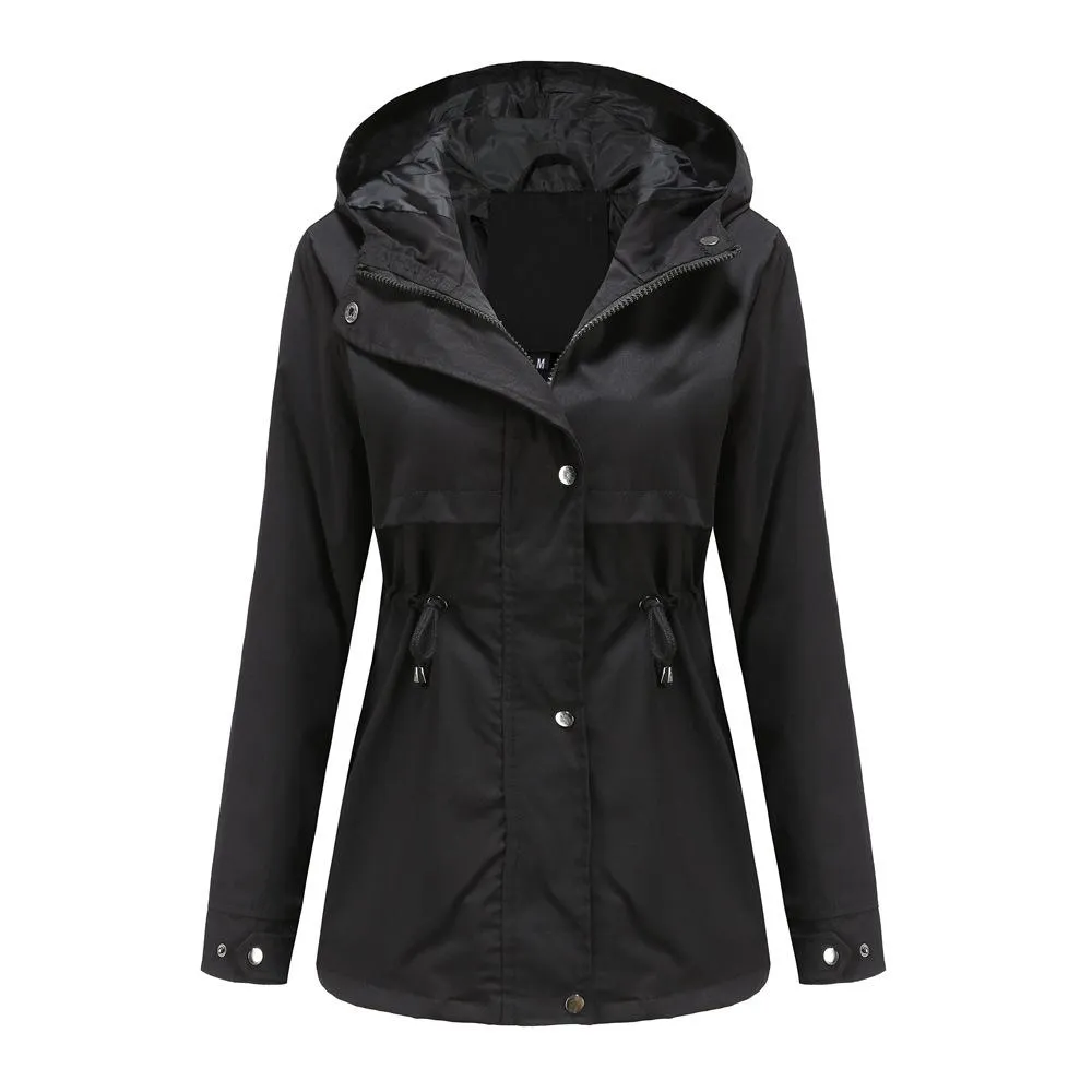 Women hoodie waist laces outdoor trench coat with pockets