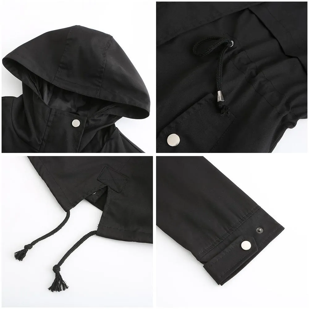 Women hoodie waist laces outdoor trench coat with pockets