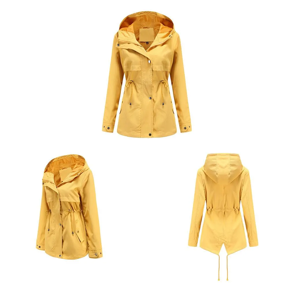 Women hoodie waist laces outdoor trench coat with pockets