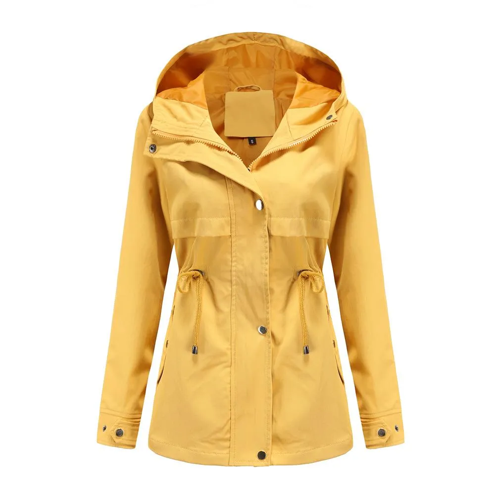 Women hoodie waist laces outdoor trench coat with pockets